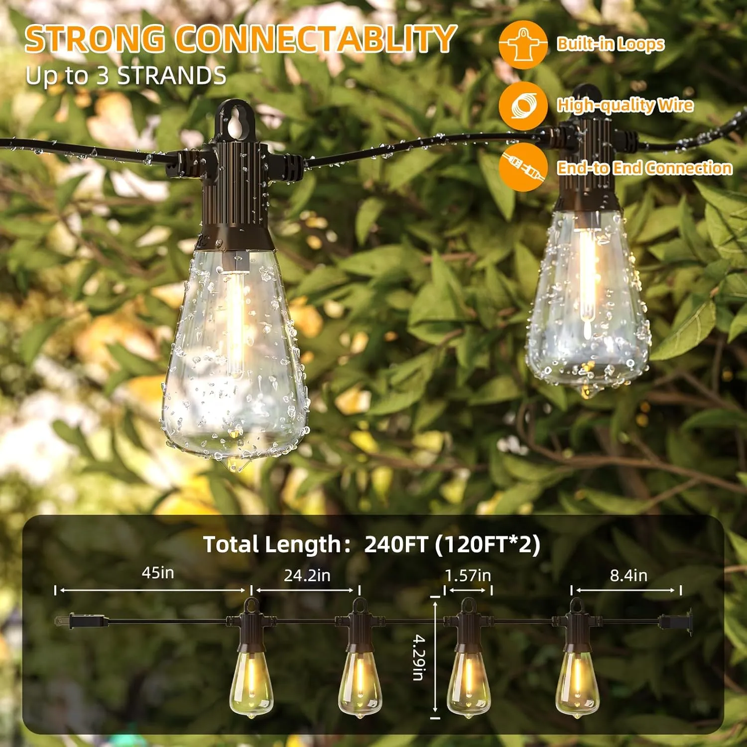 LED Outdoor String Lights, 240FT Outside Waterproof Patio Lights with 120 4 Shatterproof ST38 Edison Bulbs, 2700K Warm White Hanging Light, Dimmable Light for Backyard Garden Bistro Party Cafe