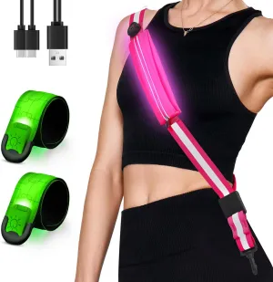 LED Reflective Belt Sash with Phone Holder with Rechargeable LED Armband 2-Pack, High Visibility Reflective Running Gear for Night Safety, 5 Colors & 3 Modes Light Up Armbands for Night Walkin