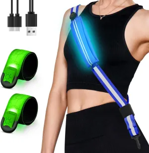 LED Reflective Belt Sash with Phone Holder with Rechargeable LED Armband 2-Pack, High Visibility Reflective Running Gear for Night Safety, 5 Colors & 3 Modes Light Up Armbands for Night Walkin