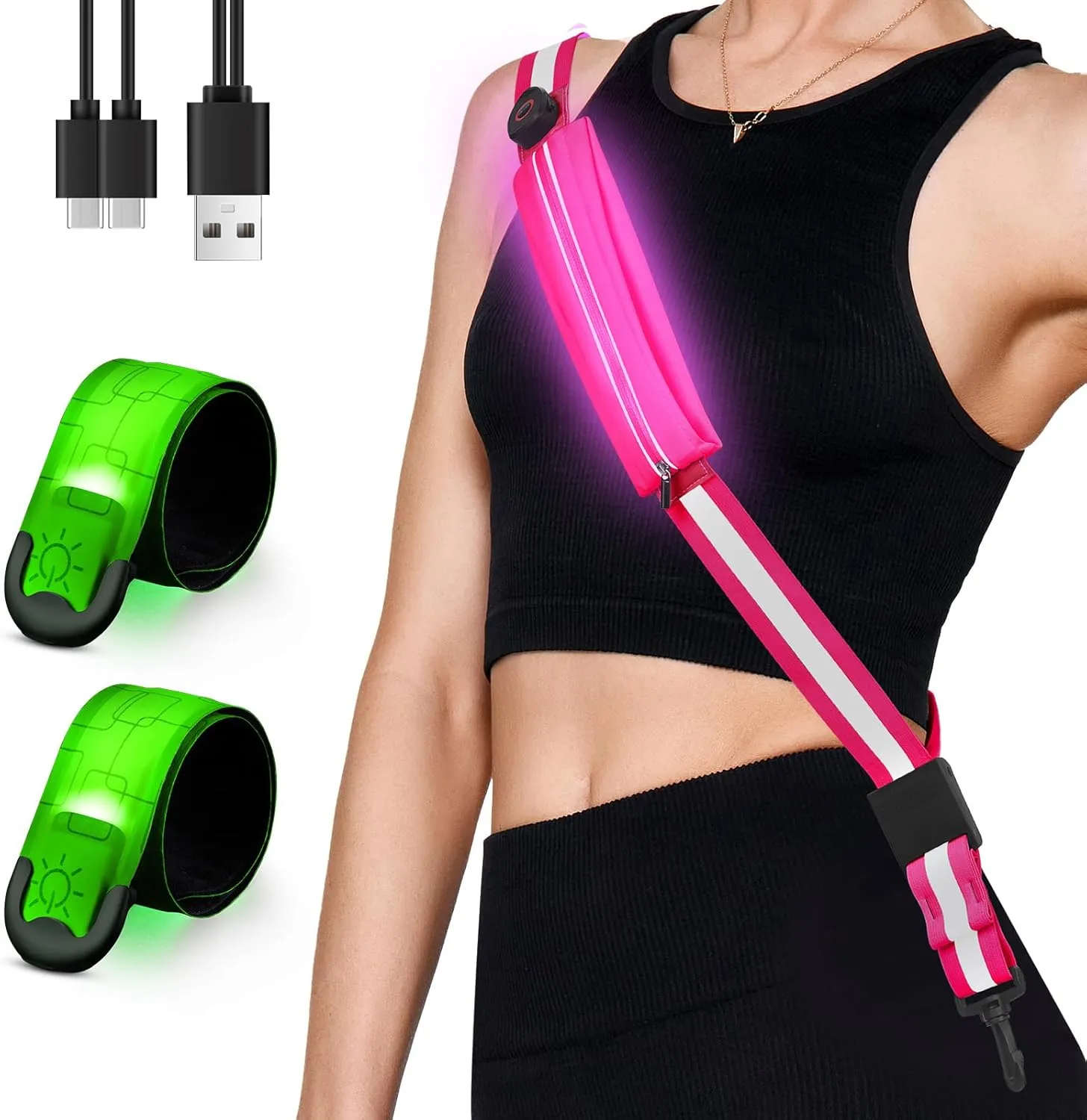 LED Reflective Belt Sash with Phone Holder with Rechargeable LED Armband 2-Pack, High Visibility Reflective Running Gear for Night Safety, 5 Colors & 3 Modes Light Up Armbands for Night Walkin