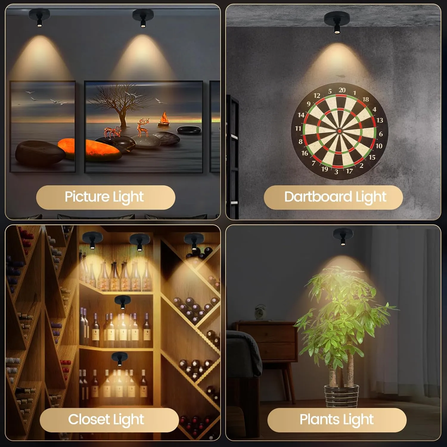 LED Spotlights, Rechargeable Battery Picture Lights, Uplighting Indoor, Spot Light with Remote, Plant & Wall Art Display Dartboard Closet Spotlight-Black