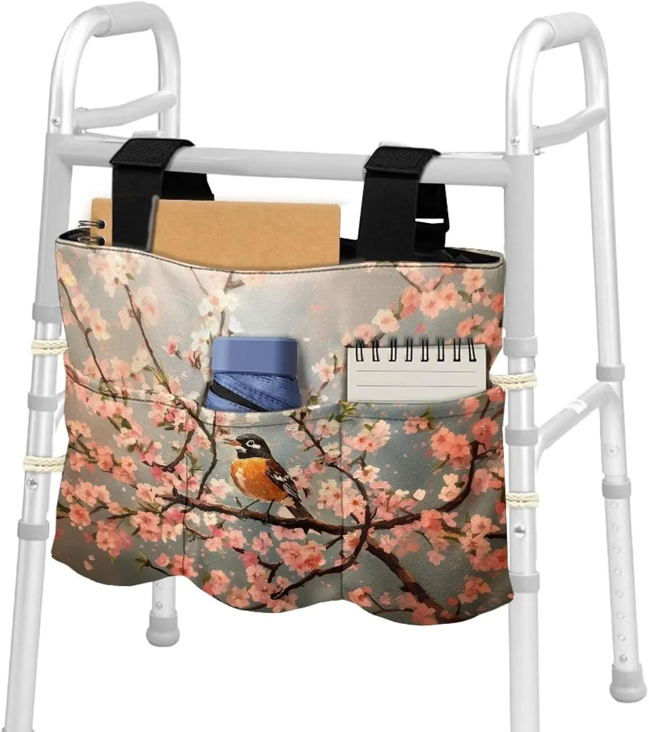 LedBack Walker Bag Durable Large Capacity Storage Bags Flower Robin Pattern Lightweight Portable Walker Storage Pouch with Fixed Rope and Adjustable Strap
