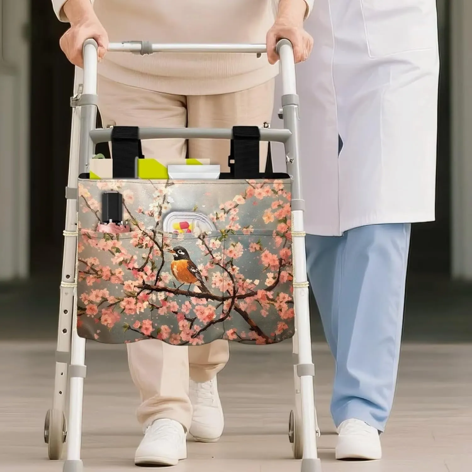 LedBack Walker Bag Durable Large Capacity Storage Bags Flower Robin Pattern Lightweight Portable Walker Storage Pouch with Fixed Rope and Adjustable Strap