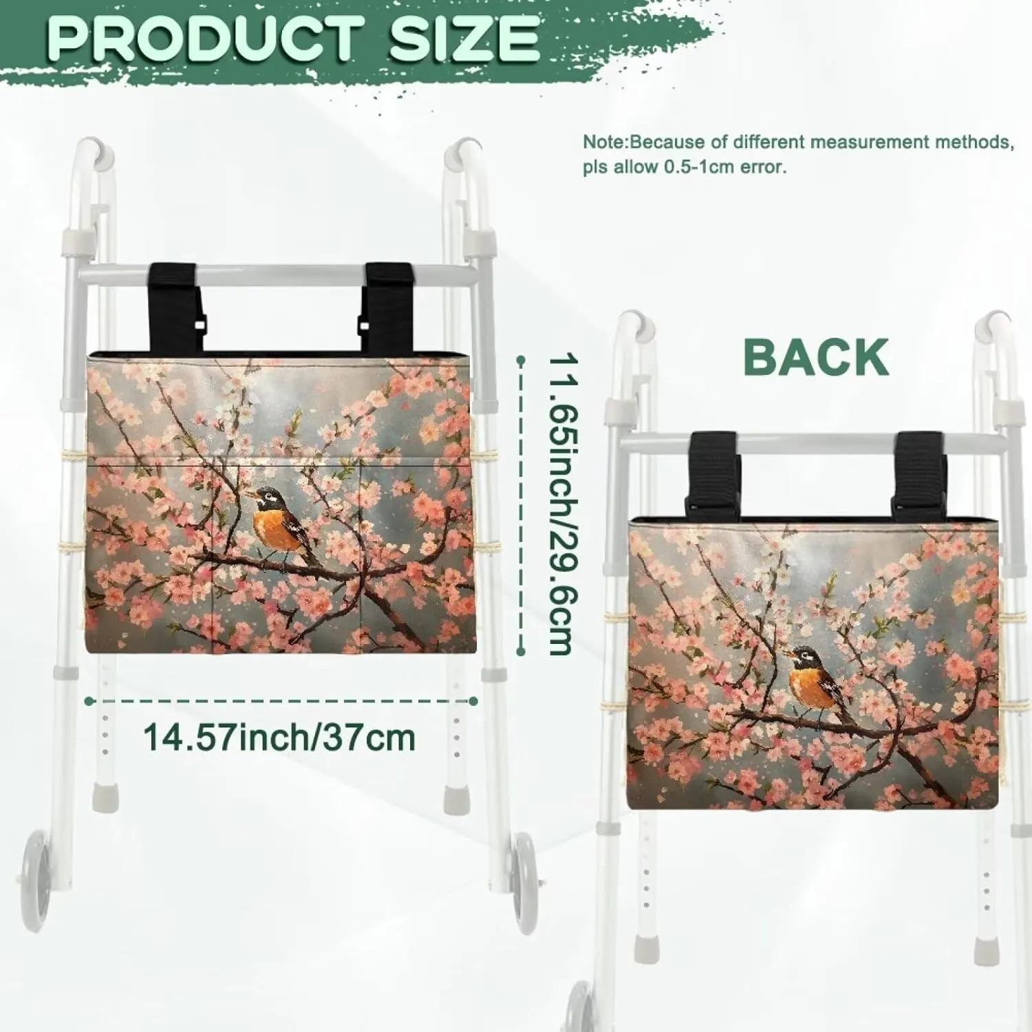 LedBack Walker Bag Durable Large Capacity Storage Bags Flower Robin Pattern Lightweight Portable Walker Storage Pouch with Fixed Rope and Adjustable Strap