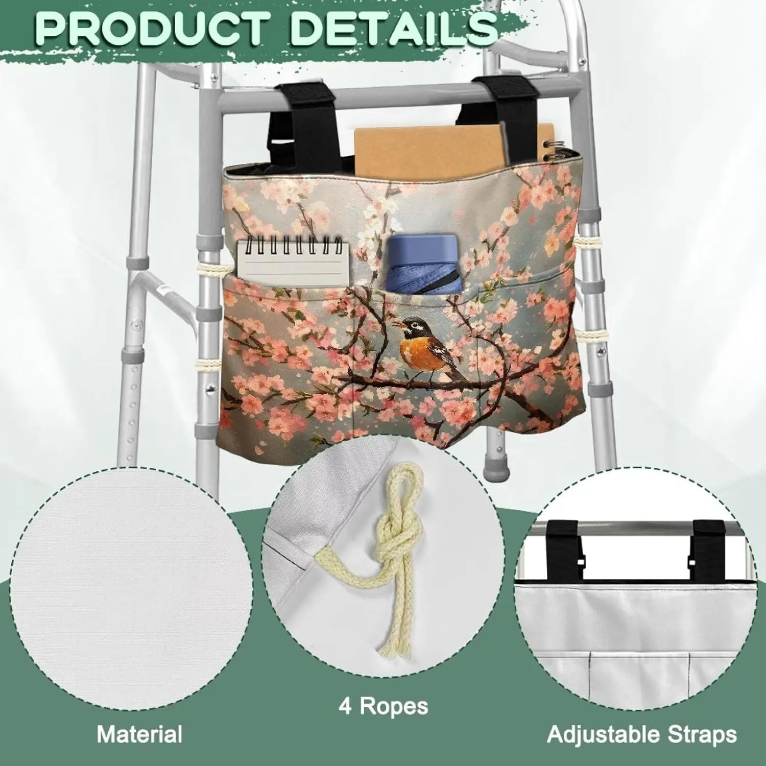 LedBack Walker Bag Durable Large Capacity Storage Bags Flower Robin Pattern Lightweight Portable Walker Storage Pouch with Fixed Rope and Adjustable Strap