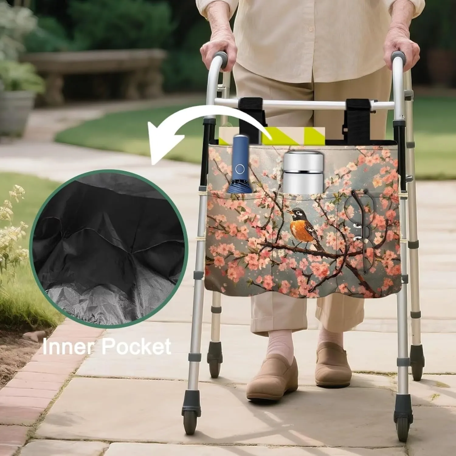 LedBack Walker Bag Durable Large Capacity Storage Bags Flower Robin Pattern Lightweight Portable Walker Storage Pouch with Fixed Rope and Adjustable Strap