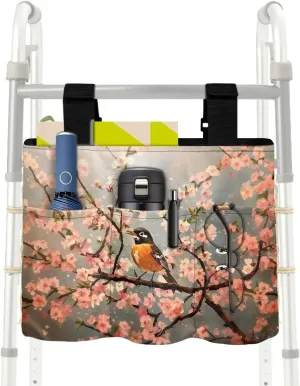 LedBack Walker Bag Durable Large Capacity Storage Bags Flower Robin Pattern Lightweight Portable Walker Storage Pouch with Fixed Rope and Adjustable Strap