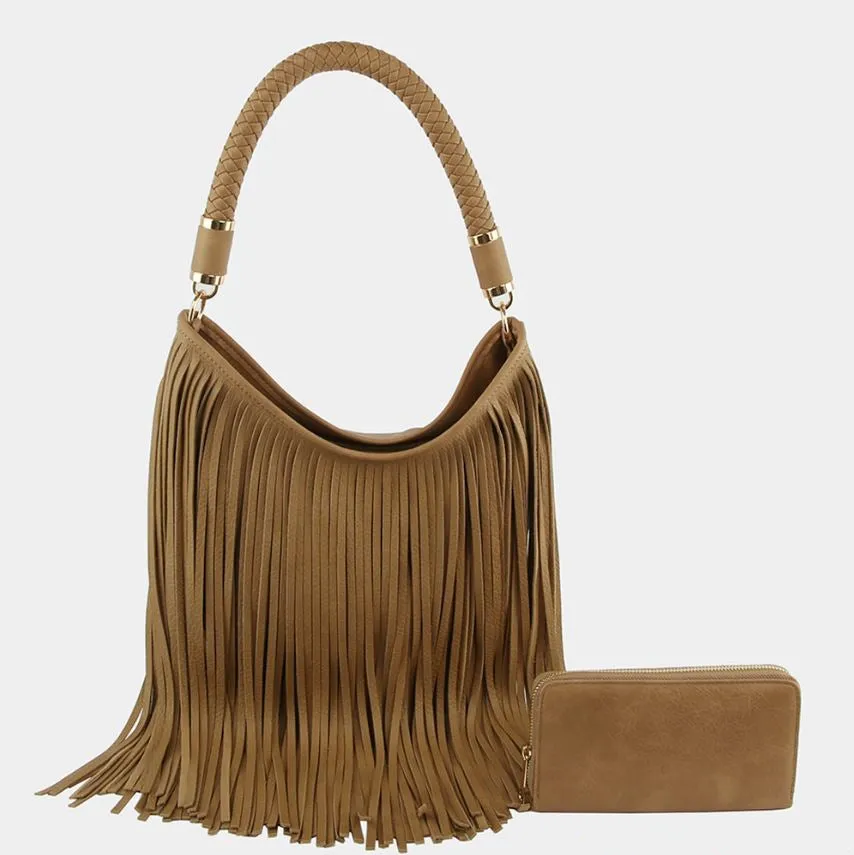 LHU465-1W Braided Rope Handle Fringe Hobo Bag