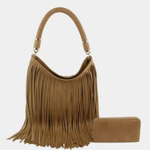 LHU465-1W Braided Rope Handle Fringe Hobo Bag