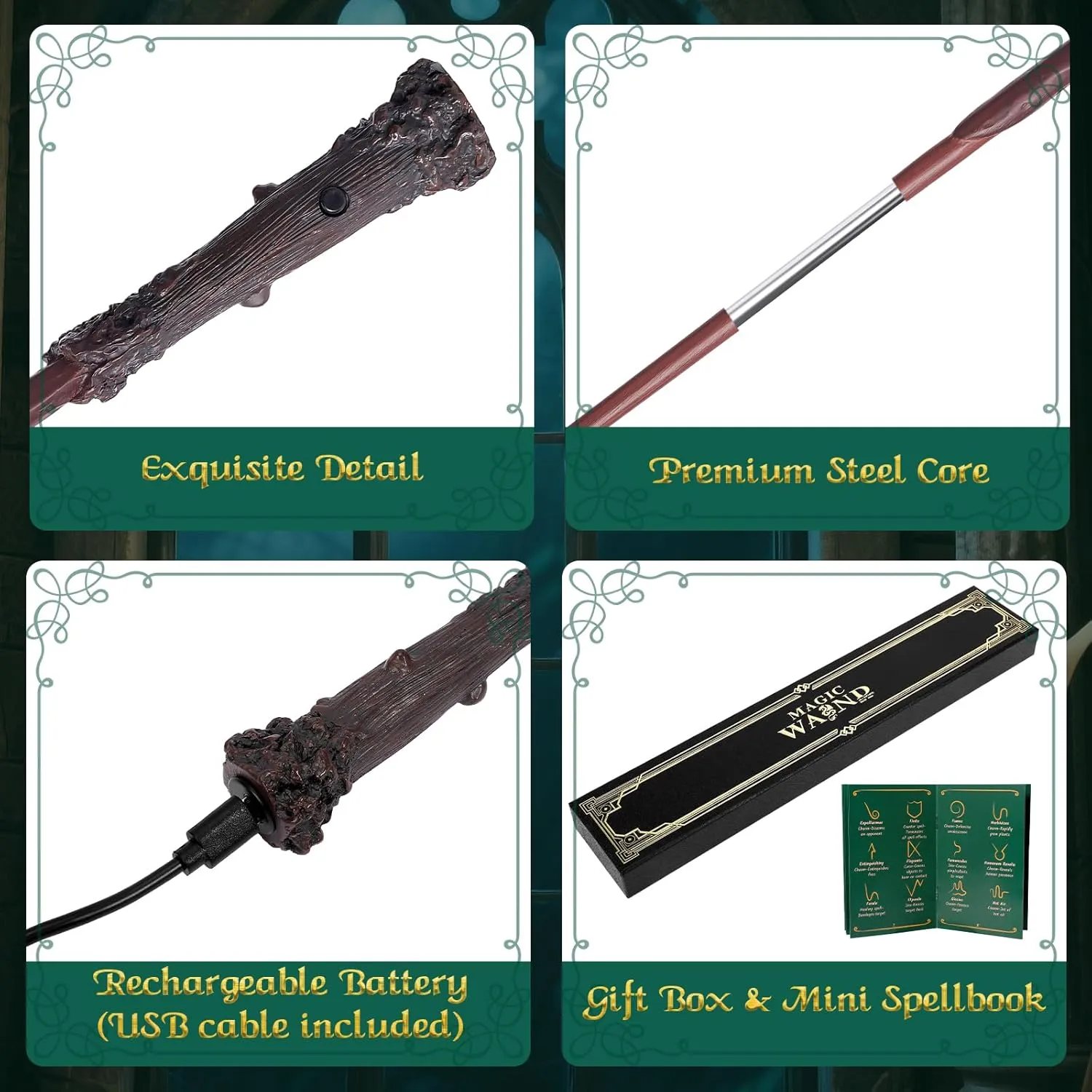 Light Up Magic Wizard Wand with White Lighting Rechargeable Illuminating Witch Sorcerer Wand for Kids Cosplay Collection, Instinct