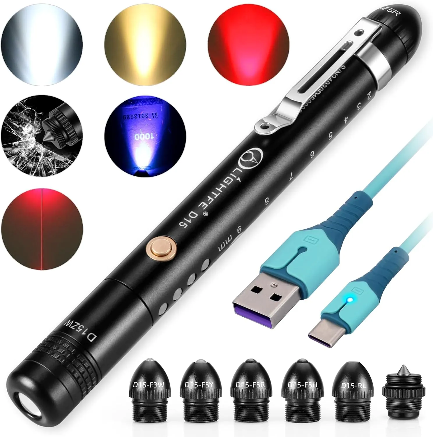 LIGHTFE D15ZW Adjustable Distance Double Head Pen Light   White   red Beam   Warm   red led   375nm Ultraviolet   Steel Head, Multifunctional Flashlight