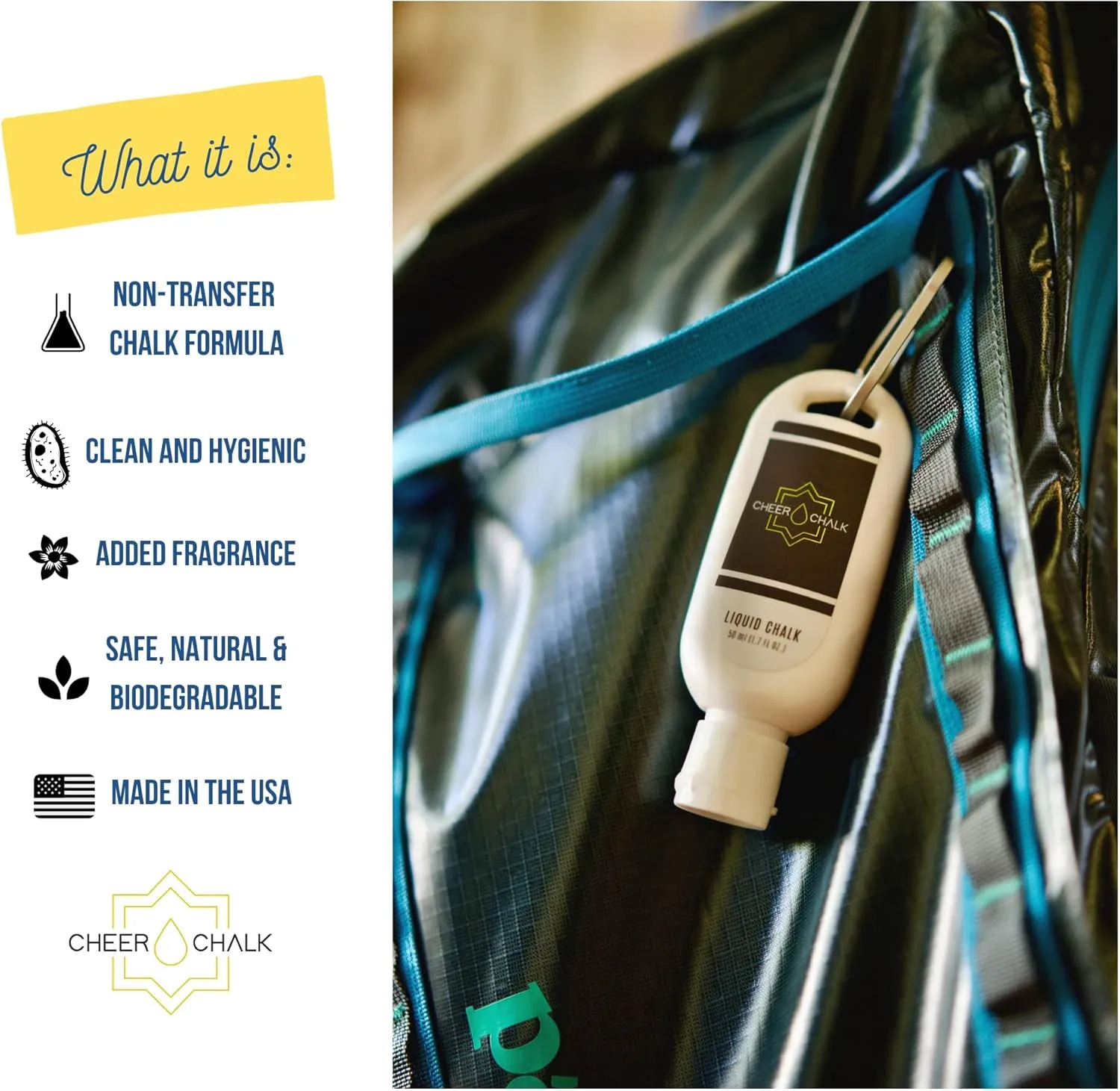 Liquid Chalk - Chalk for Elite Cheerleading - Chalk for Stunting - Chalk for Gymnastics - 50ml Bottle with Carabiner - 50 Practices Per Bottle - Maximum Grip for Safer Stunting