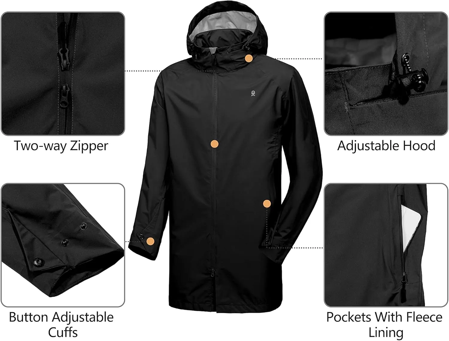 Little Donkey Andy Men's Waterproof Rain Jacket Outdoor Lightweight Mountain Windbreaker Long Coat for Hiking Golf Travel
