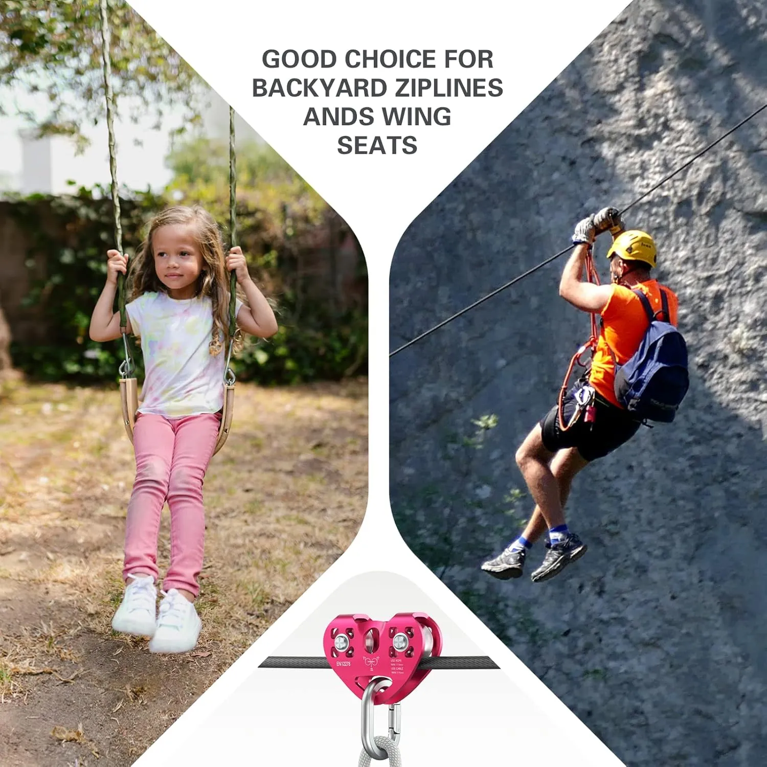 Lixada Zip Line Pulley 30KN Tandem Speed Double Pulley for 1/4 5/16 3/8 1/2 Cable Backyard Zipline, Hauling, Rigging and Commercial Purposes,Holds Upto 6700lbs