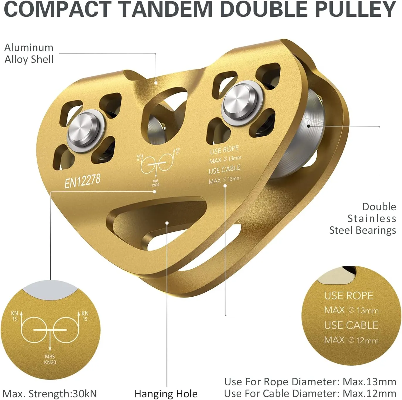 Lixada Zip Line Pulley 30KN Tandem Speed Double Pulley for 1/4 5/16 3/8 1/2 Cable Backyard Zipline, Hauling, Rigging and Commercial Purposes,Holds Upto 6700lbs
