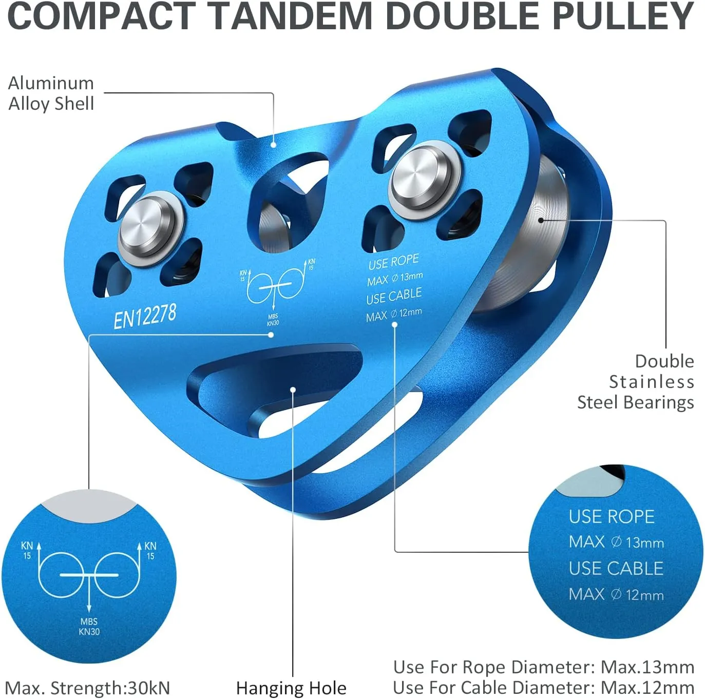 Lixada Zip Line Pulley 30KN Tandem Speed Double Pulley for 1/4 5/16 3/8 1/2 Cable Backyard Zipline, Hauling, Rigging and Commercial Purposes,Holds Upto 6700lbs