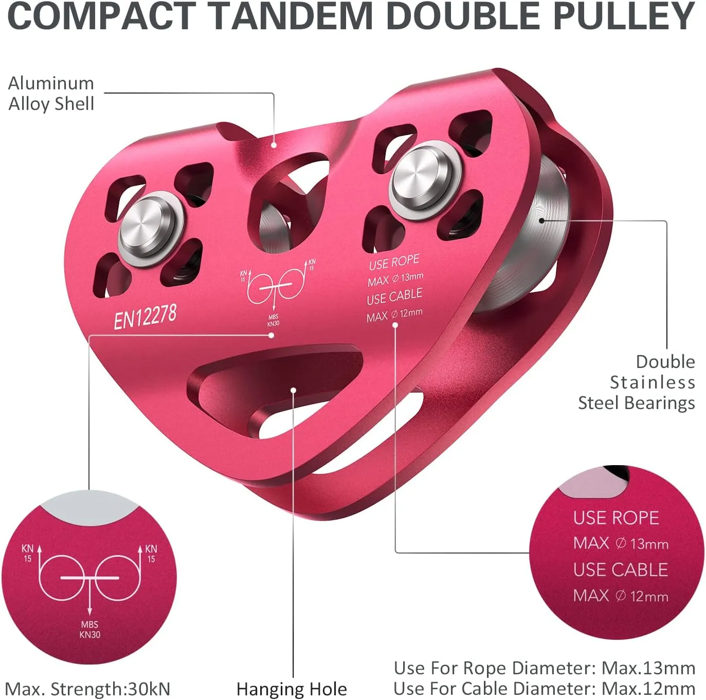 Lixada Zip Line Pulley 30KN Tandem Speed Double Pulley for 1/4 5/16 3/8 1/2 Cable Backyard Zipline, Hauling, Rigging and Commercial Purposes,Holds Upto 6700lbs