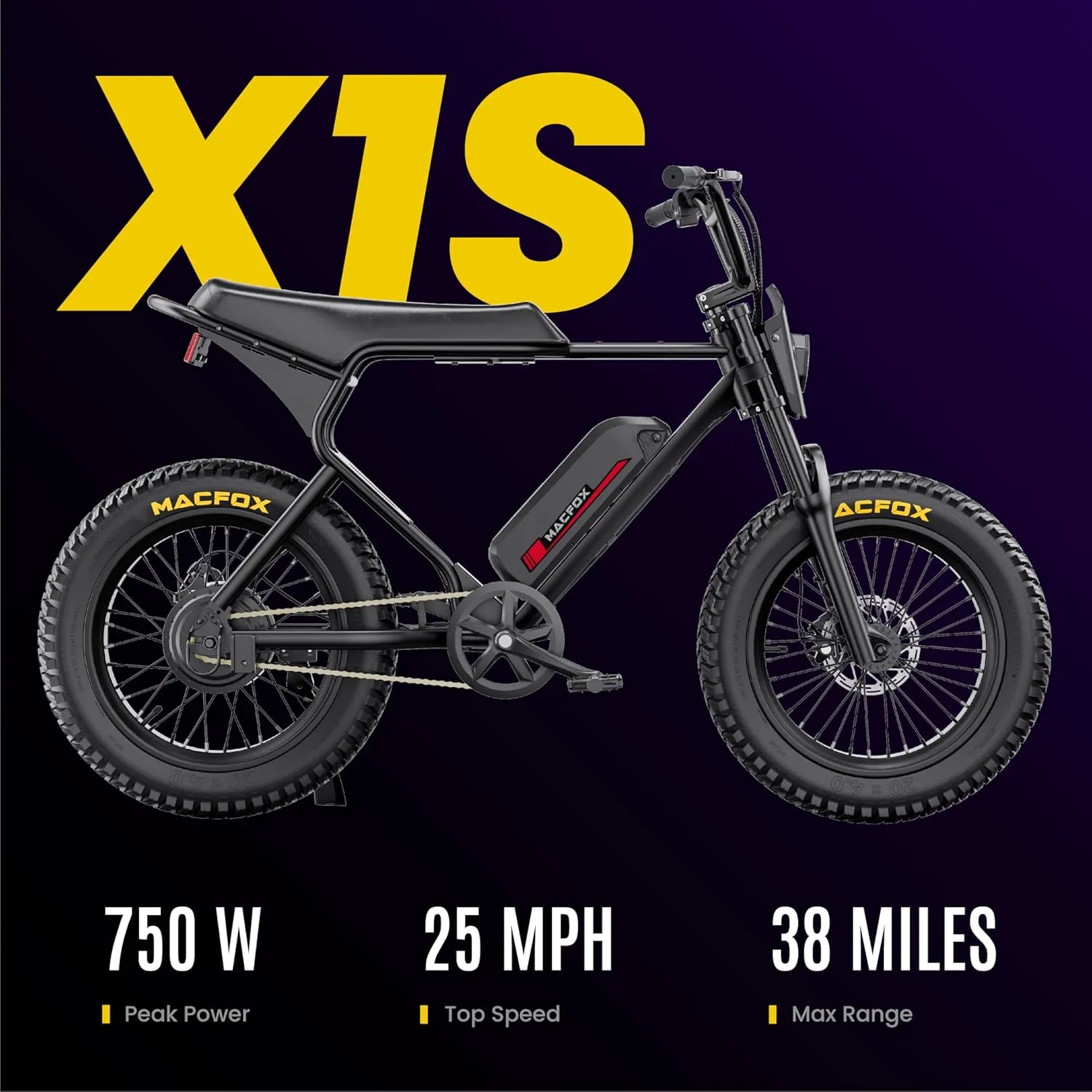 MACFOX Ebikes for Adults, 750W Electric Bike Wheelie 25 MPH Max Speed, 38 Miles Range, 20" Fat Tire E-Bike with Front Suspension, E-Bikes for Riding to School, X1S(Class-3)