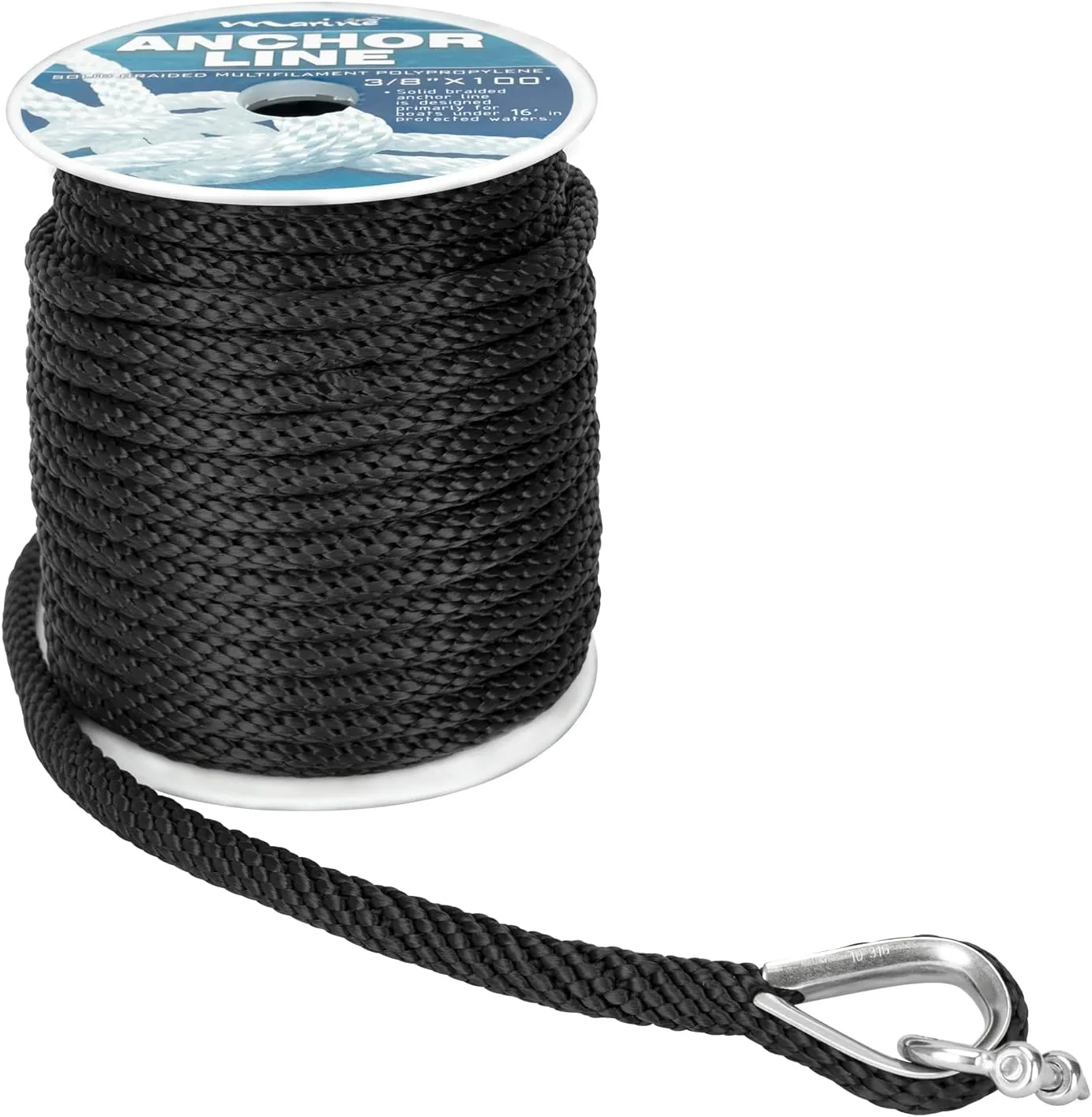 Made 3/8 Inch 100FT 150FT Premium Solid Braid MFP Anchor Line Braided Anchor Rope/Line with Stainless Steel Thimble and Shackle (3/8" x 100')