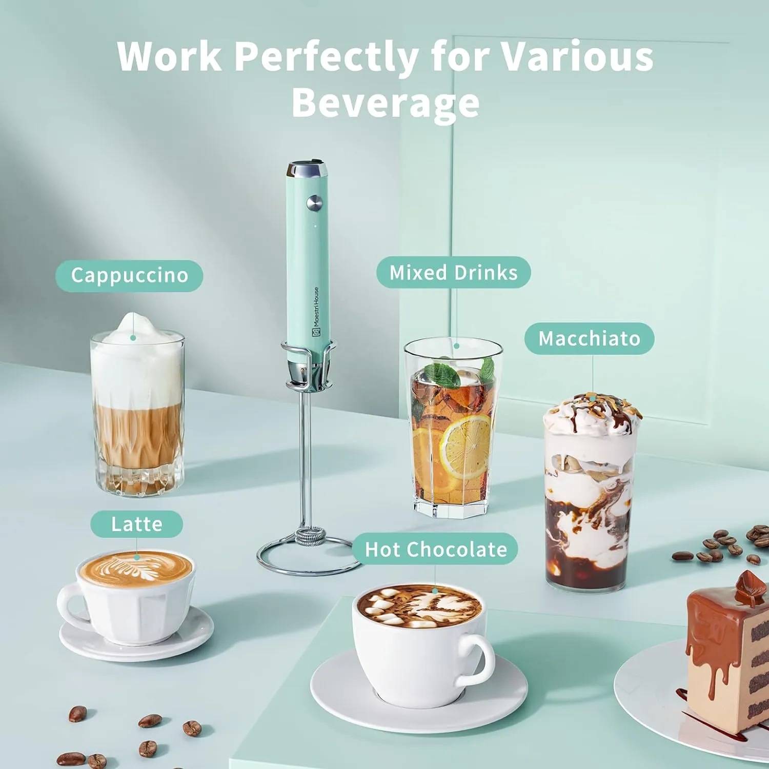 Maestri House Rechargeable Milk Frother with Stand, LunaFro Handheld Electric Foam Maker Waterproof Detachable Stainless Steel Whisk Drink Mixer Foamer for Lattes, Cappuccino