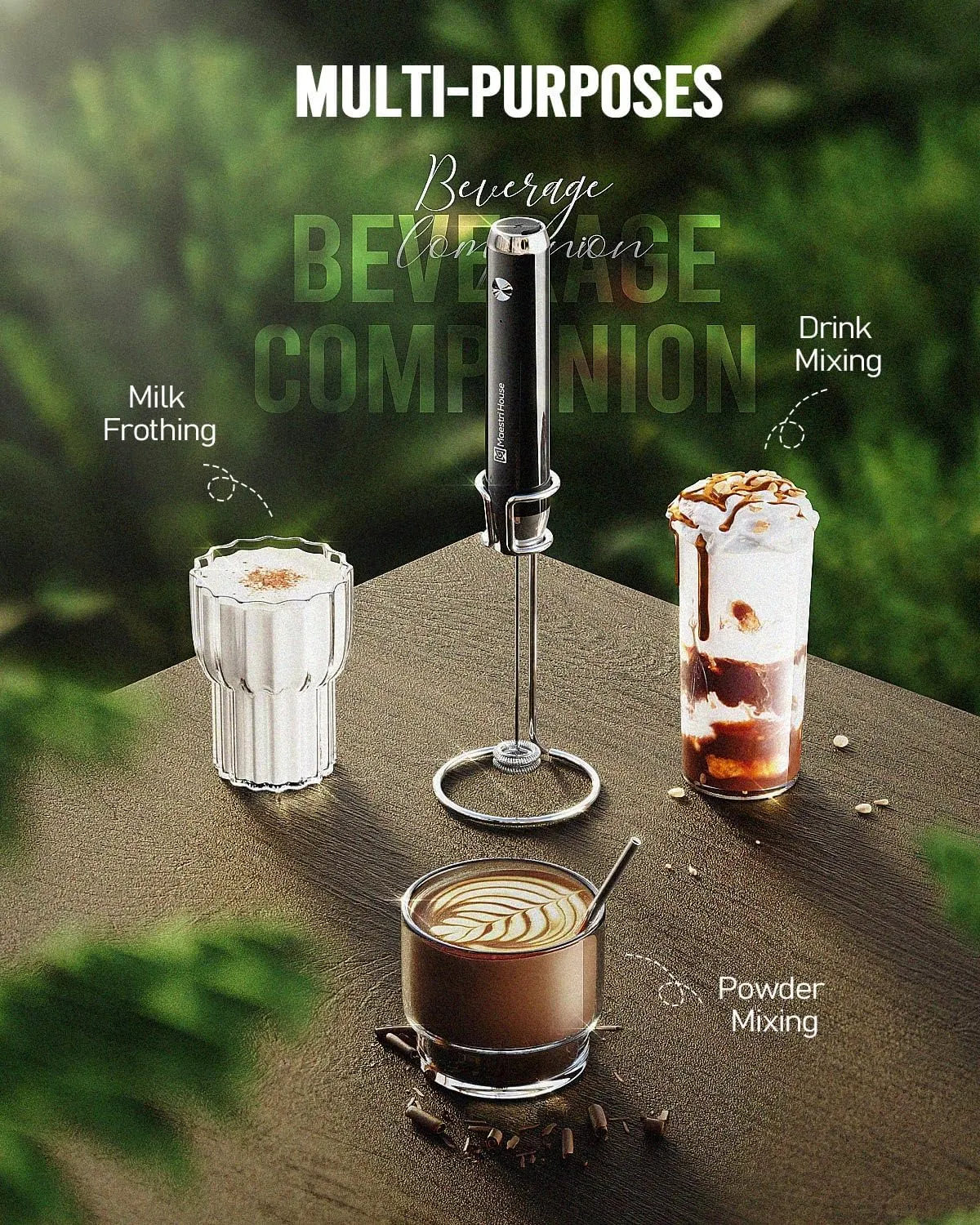 Maestri House Rechargeable Milk Frother with Stand, LunaFro Handheld Electric Foam Maker Waterproof Detachable Stainless Steel Whisk Drink Mixer Foamer for Lattes, Cappuccino