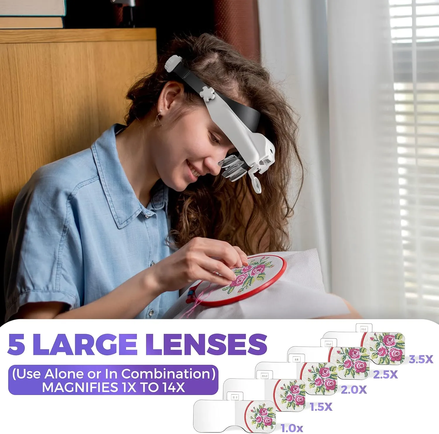 Magnifying Glass with Light Hands Free - 1X to 14X Magnifying Glasses for Close Work, Adjustable Jewelers Loupe Headset with 1x, 1.5X, 2X, 2.5X, 3.5X Lens for Hobby, Jewelry, Crafts
