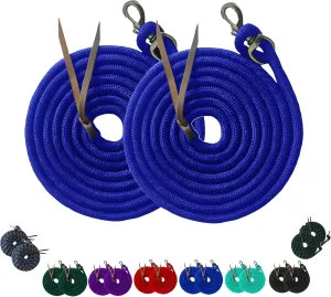 Majestic Ally 14' Pack of 2 Poly Training Lead Rope with Leather Popper for Horses & Livestock – 14 Foot Long and 5/8 inch Thick - Replaceable Heavy-Duty Bolt Snap (Royal Blue)