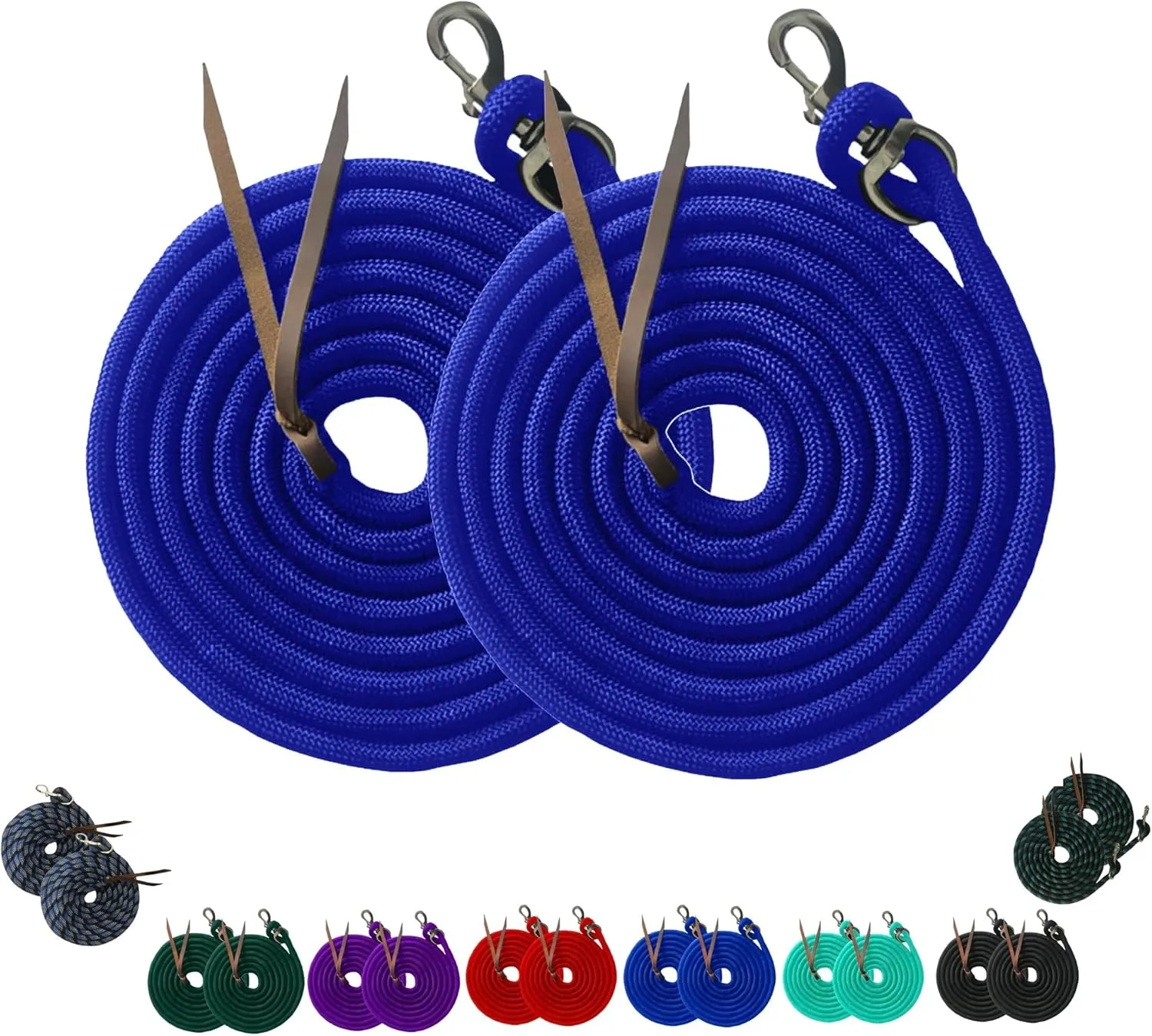 Majestic Ally 14' Pack of 2 Poly Training Lead Rope with Leather Popper for Horses & Livestock – 14 Foot Long and 5/8 inch Thick - Replaceable Heavy-Duty Bolt Snap (Royal Blue)