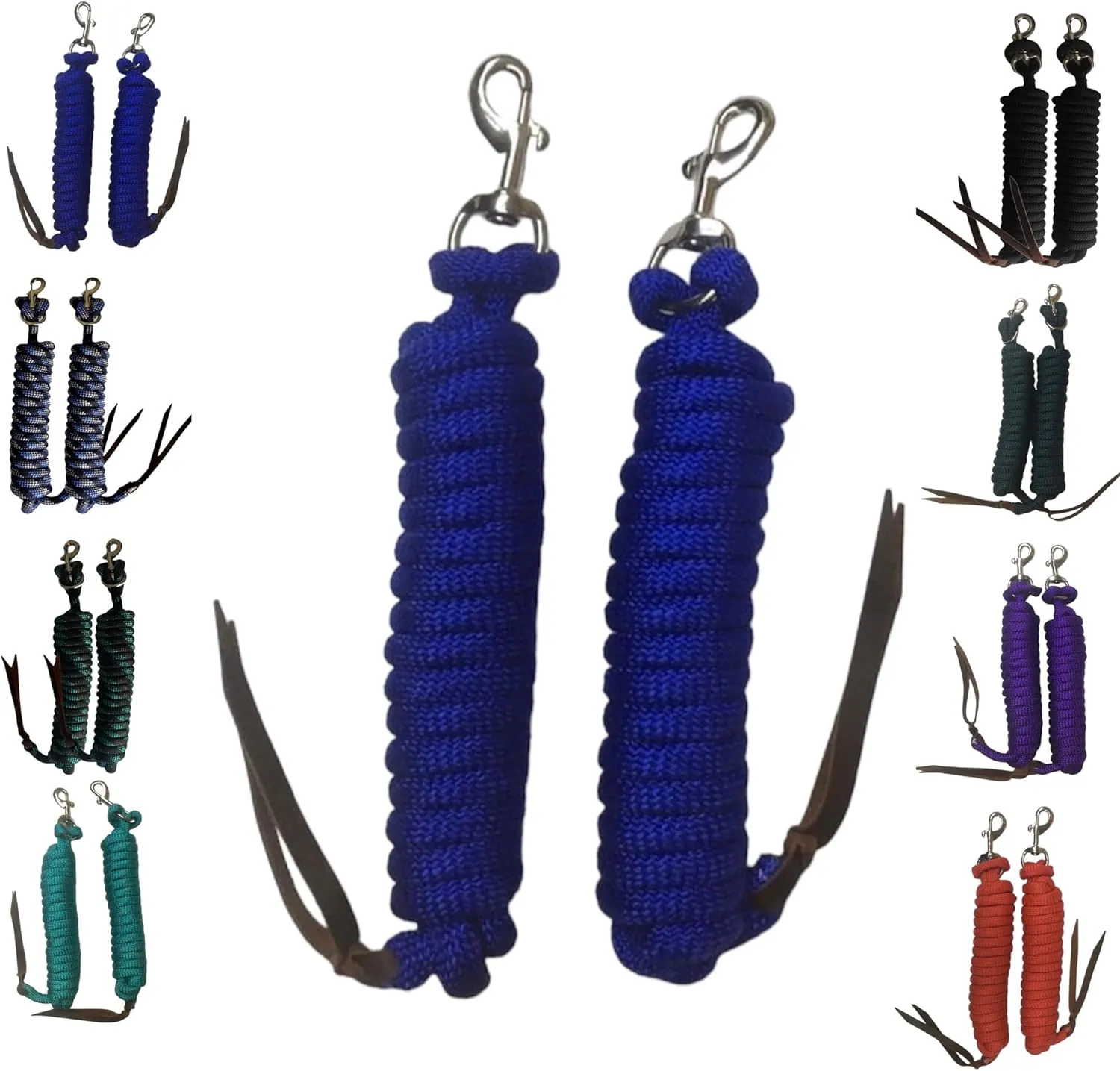 Majestic Ally 14' Pack of 2 Poly Training Lead Rope with Leather Popper for Horses & Livestock – 14 Foot Long and 5/8 inch Thick - Replaceable Heavy-Duty Bolt Snap (Royal Blue)