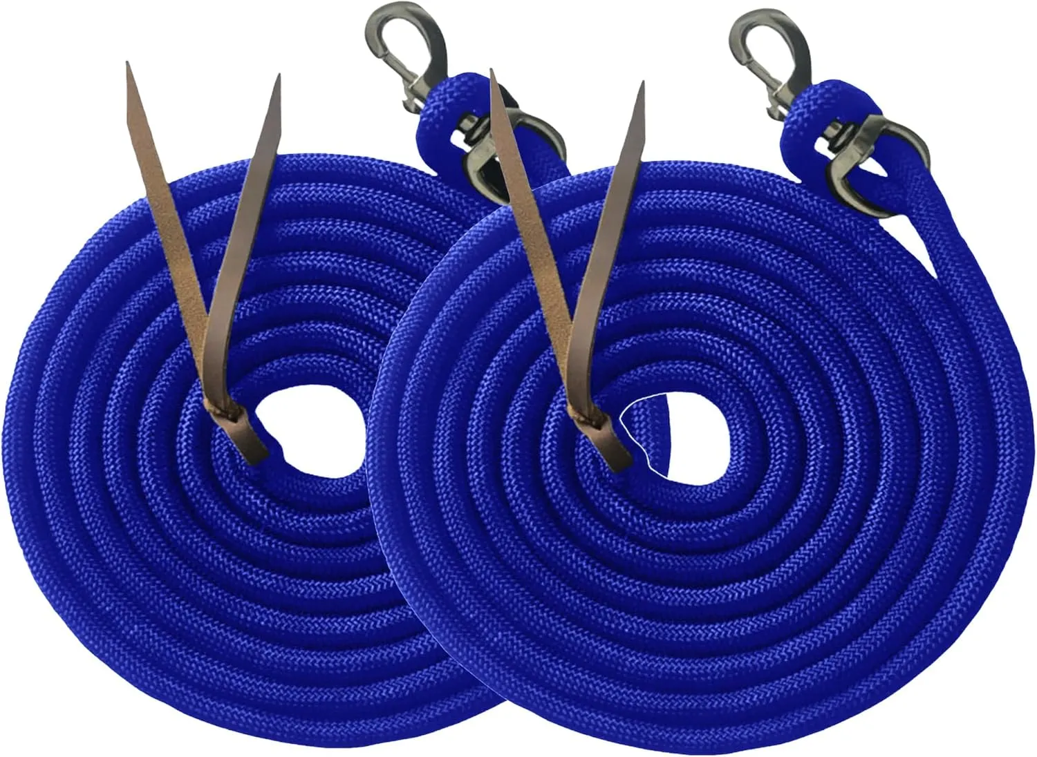 Majestic Ally 14' Pack of 2 Poly Training Lead Rope with Leather Popper for Horses & Livestock – 14 Foot Long and 5/8 inch Thick - Replaceable Heavy-Duty Bolt Snap (Royal Blue)