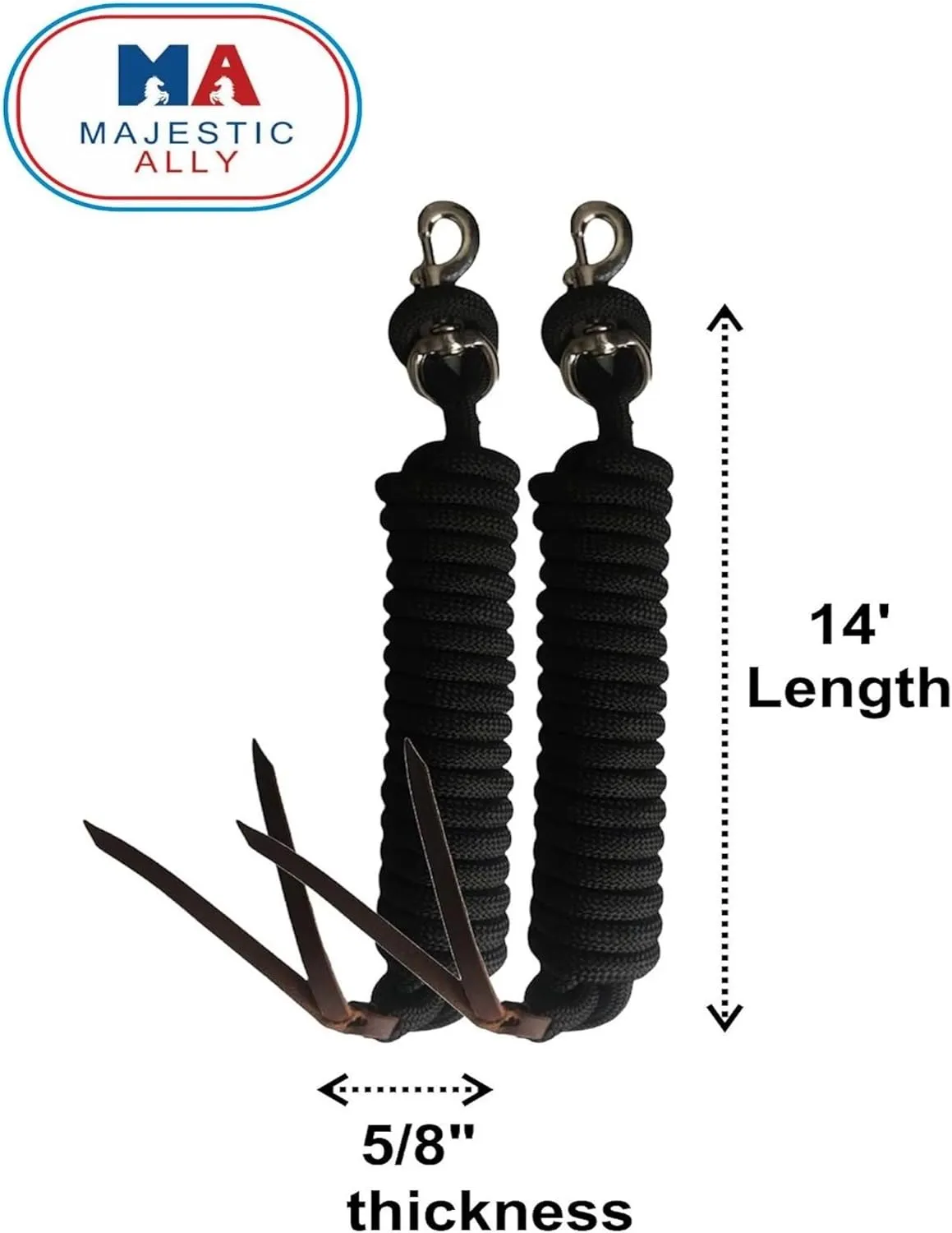 Majestic Ally 14' Pack of 2 Poly Training Lead Rope with Leather Popper for Horses & Livestock – 14 Foot Long and 5/8 inch Thick - Replaceable Heavy-Duty Bolt Snap (Royal Blue)