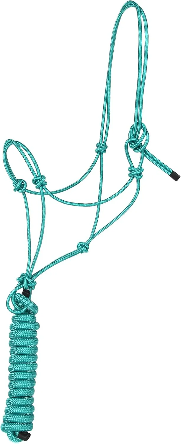 Majestic Ally 1/4" Rope 4 Knot Stiff Polyester Training Halter with 10’ Matching Lead Rope for Horses – Full (Turquoise, Full)