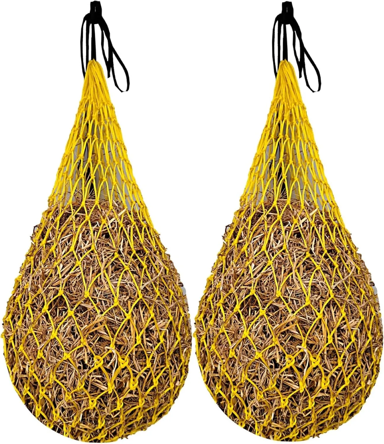 Majestic Ally 2 pcs Slow Feed 42” Hay Net for Horses, Strong Small 2x2” Holes, Nylon Rope Hanging, Adjustable Travel Feeder for Trailer and Stall, Simulates Grazing, Reduce Waste (Yellow)