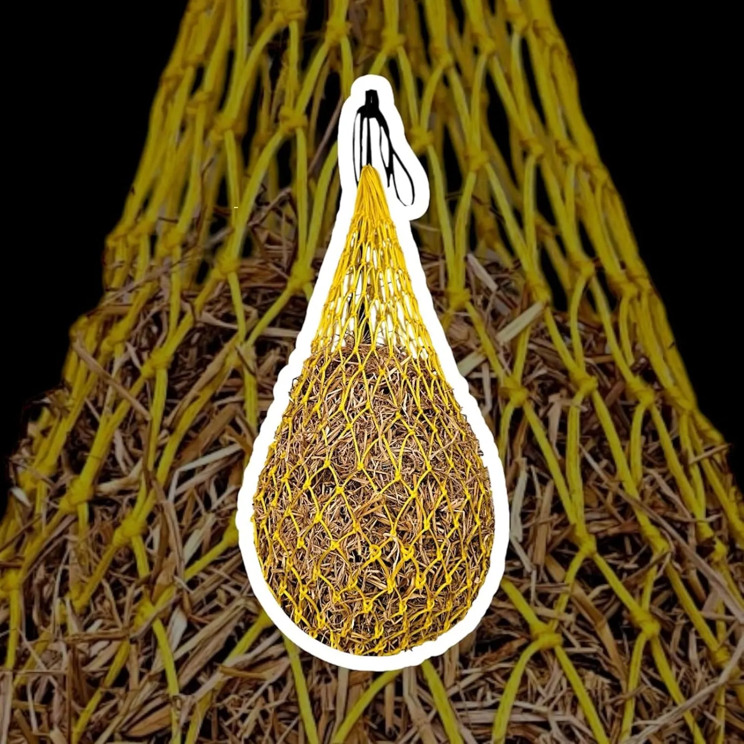 Majestic Ally 2 pcs Slow Feed 42” Hay Net for Horses, Strong Small 2x2” Holes, Nylon Rope Hanging, Adjustable Travel Feeder for Trailer and Stall, Simulates Grazing, Reduce Waste (Yellow)