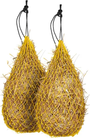 Majestic Ally 2 pcs Slow Feed 42” Hay Net for Horses, Strong Small 2x2” Holes, Nylon Rope Hanging, Adjustable Travel Feeder for Trailer and Stall, Simulates Grazing, Reduce Waste (Yellow)