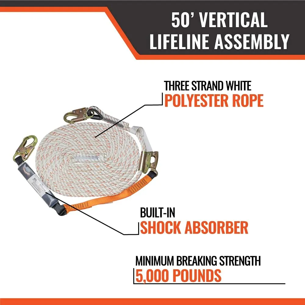 Malta Dynamics 50’ Vertical Lifeline Assembly – Fall Protection Rope, Fall Arrest System with Shock Absorber, Safety Rope and Positioning Device with 18” Extension Safety Lanyard, OSHA ANSI Compliant