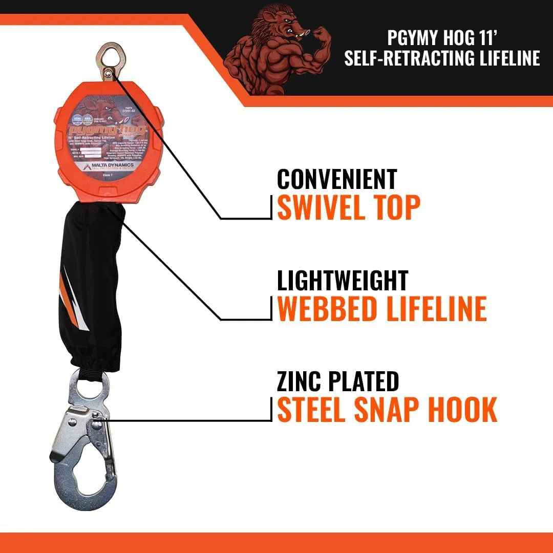 Malta Dynamics Pygmy Hog 11-Foot Web Self-Retracting Lifeline with Steel Snap Hook, OSHA/ANSI Compliant