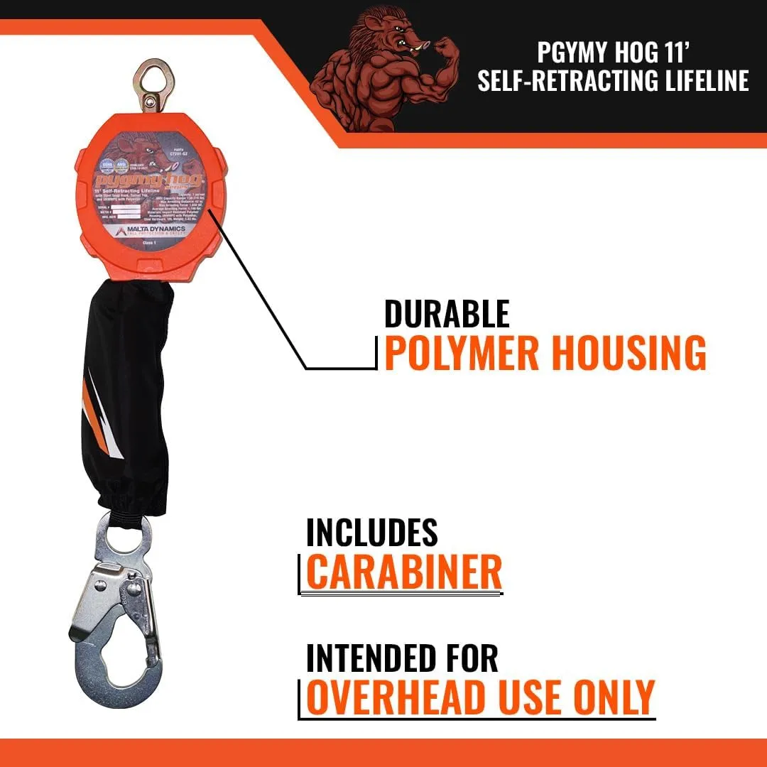 Malta Dynamics Pygmy Hog 11-Foot Web Self-Retracting Lifeline with Steel Snap Hook, OSHA/ANSI Compliant