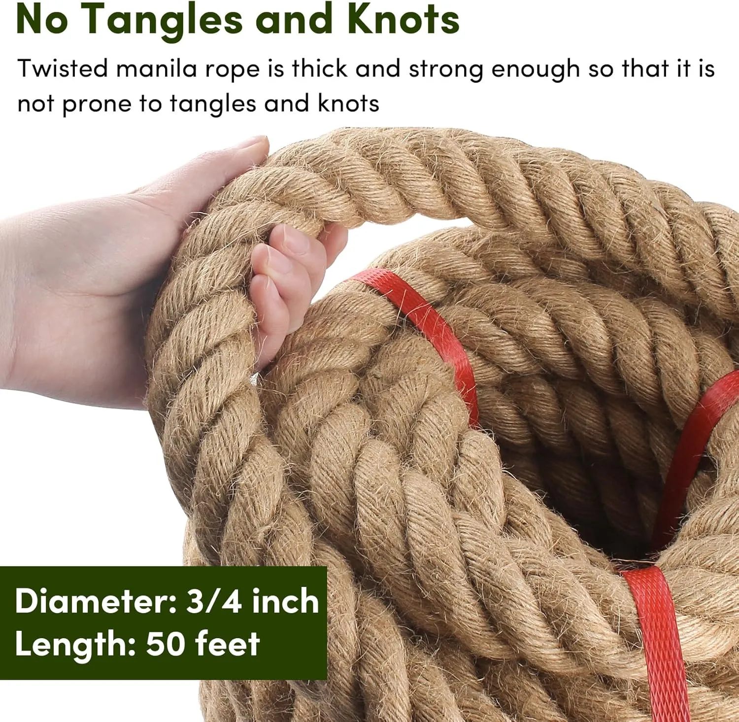 Manila Rope 3/4in x 50ft,Natural Hemp Thick Ropes,Large Decorative Nautical Rope,Twisted Manila Ropes Great for Gardening,Railings,Hammock