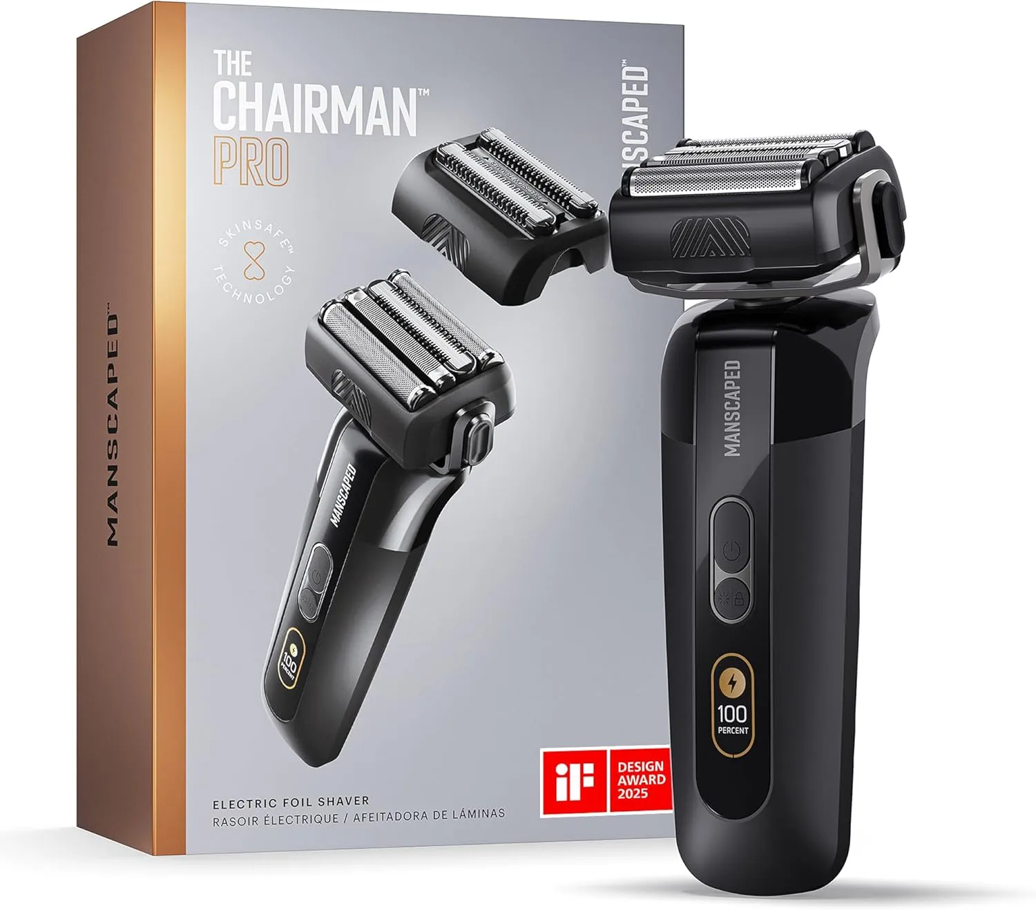 MANSCAPED® The Chairman™ PRO Men’s Electric Foil Face Shaver - Two Interchangeable Blade Heads, SkinSafe® Four-Blade Foil & Stubble Trimmer, USB-C Wireless Compatible Charging, Gentle on Neck