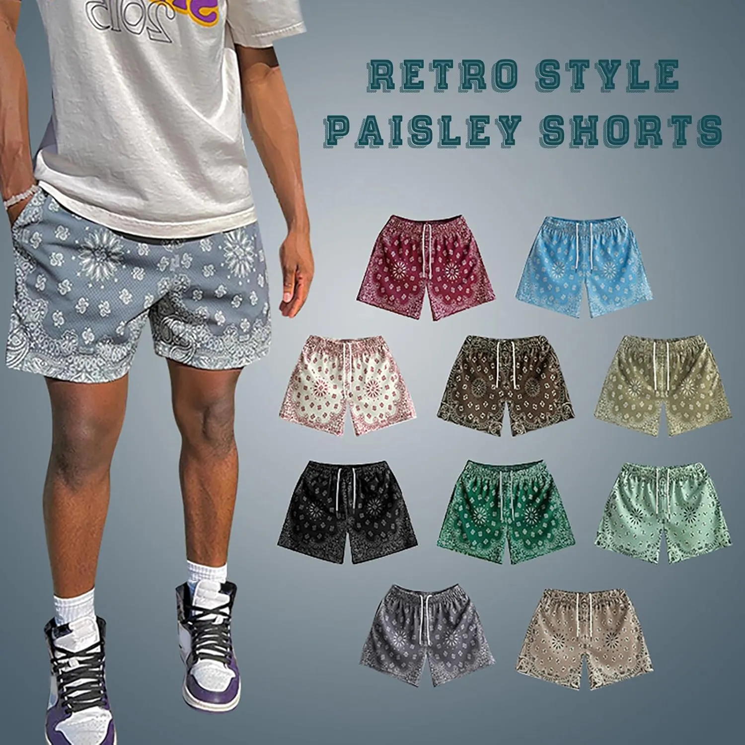 MECH-ENG Men's Paisley Shorts Graphic Print Casual Bandana Retro Lightweight Running Boxing Mesh Boho Shorts