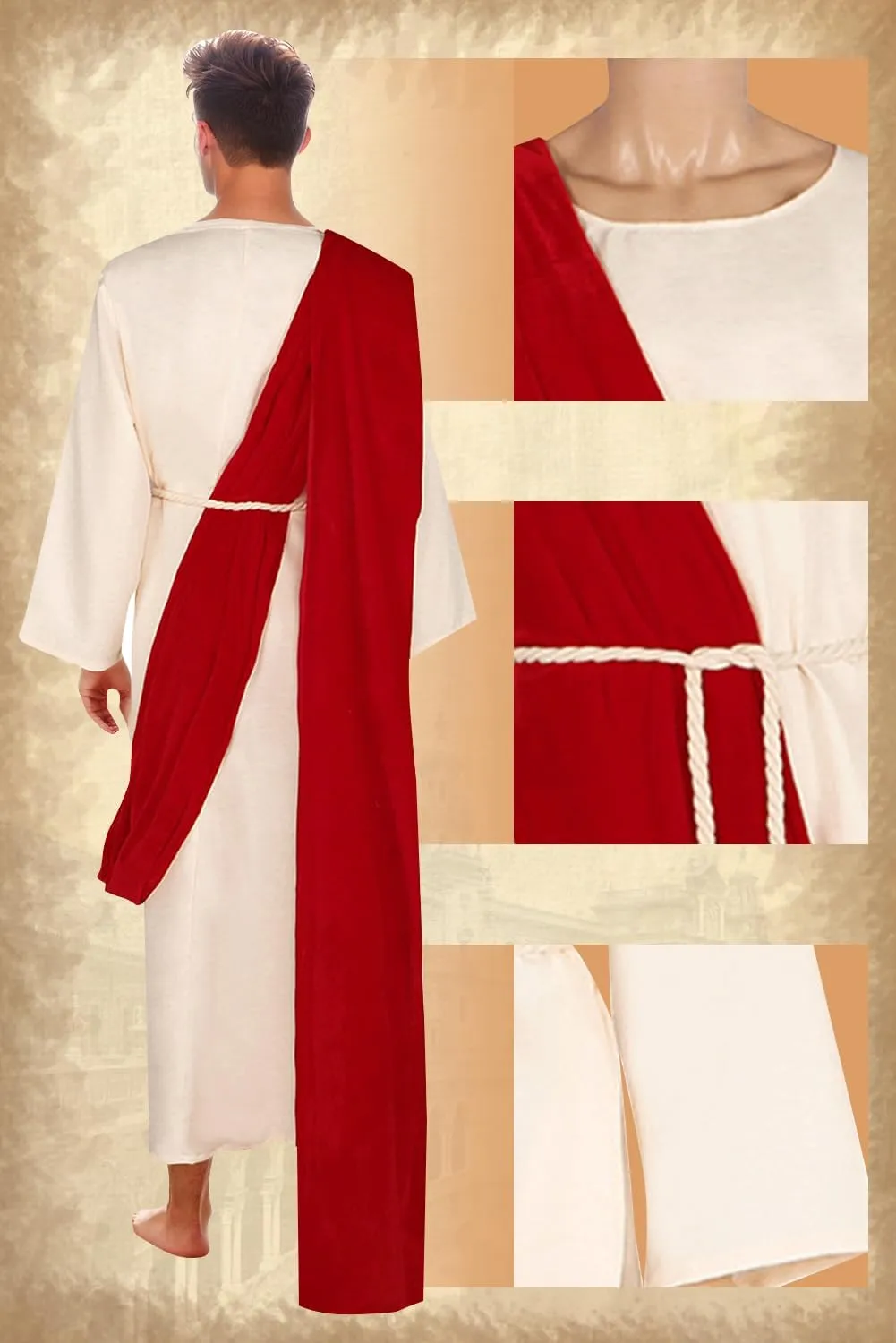 Men Christ Costume Set Adult Ancient Greek Robe Biblical Saint Cloak with Scarf Waist Rope