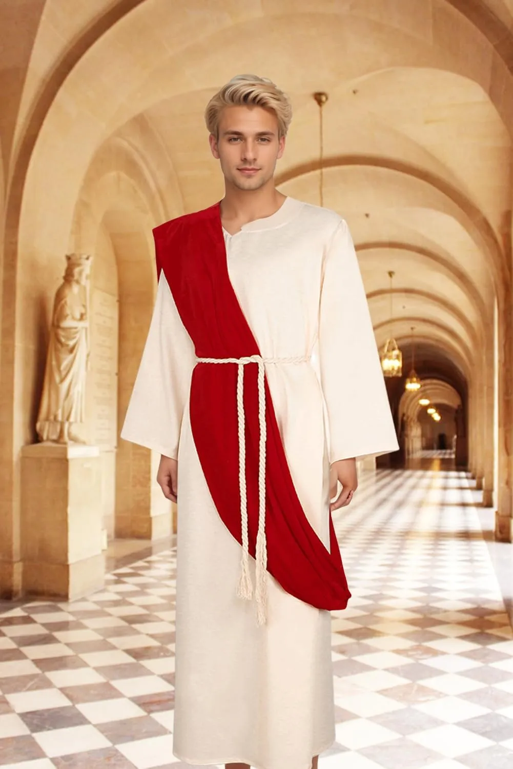 Men Christ Costume Set Adult Ancient Greek Robe Biblical Saint Cloak with Scarf Waist Rope