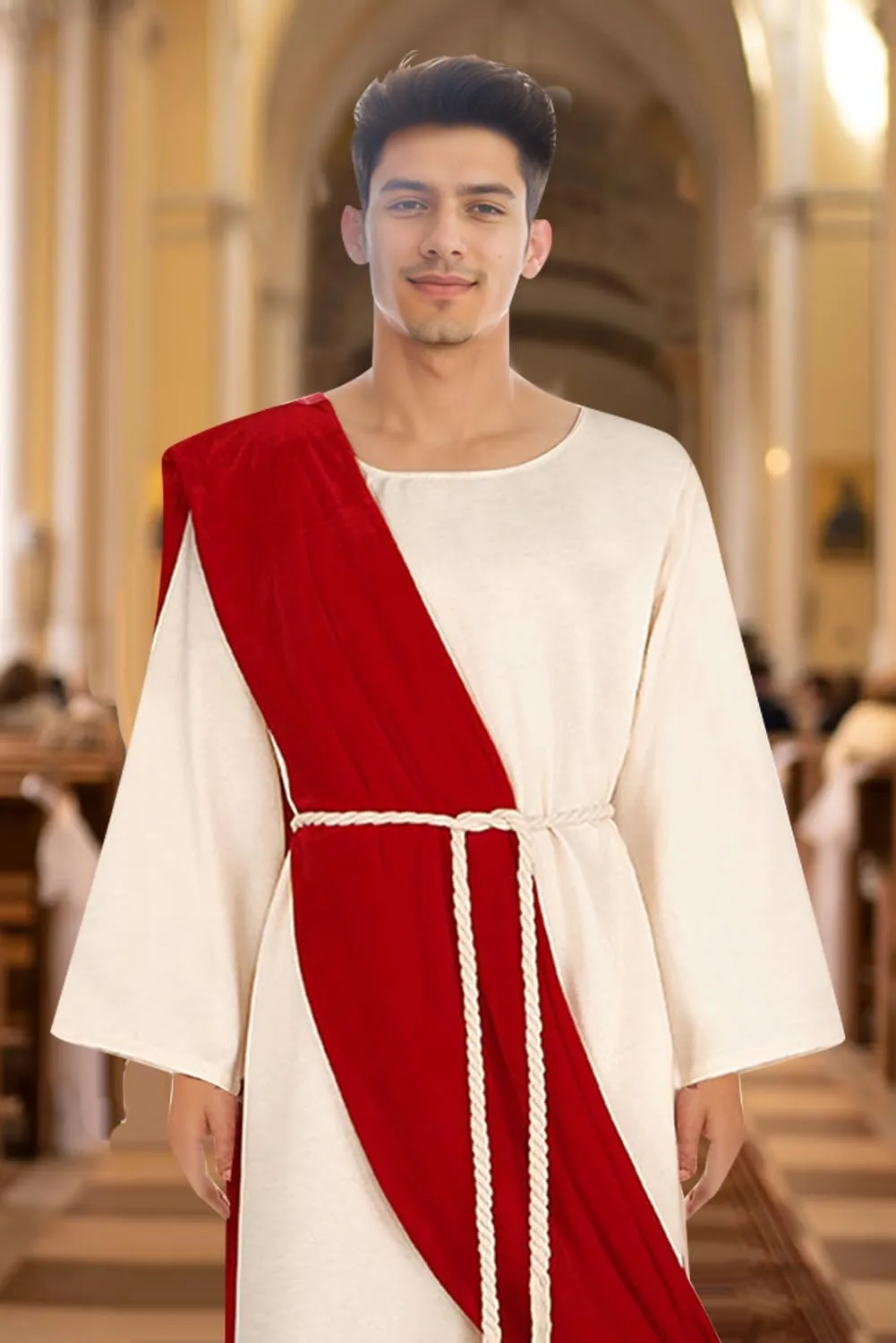 Men Christ Costume Set Adult Ancient Greek Robe Biblical Saint Cloak with Scarf Waist Rope