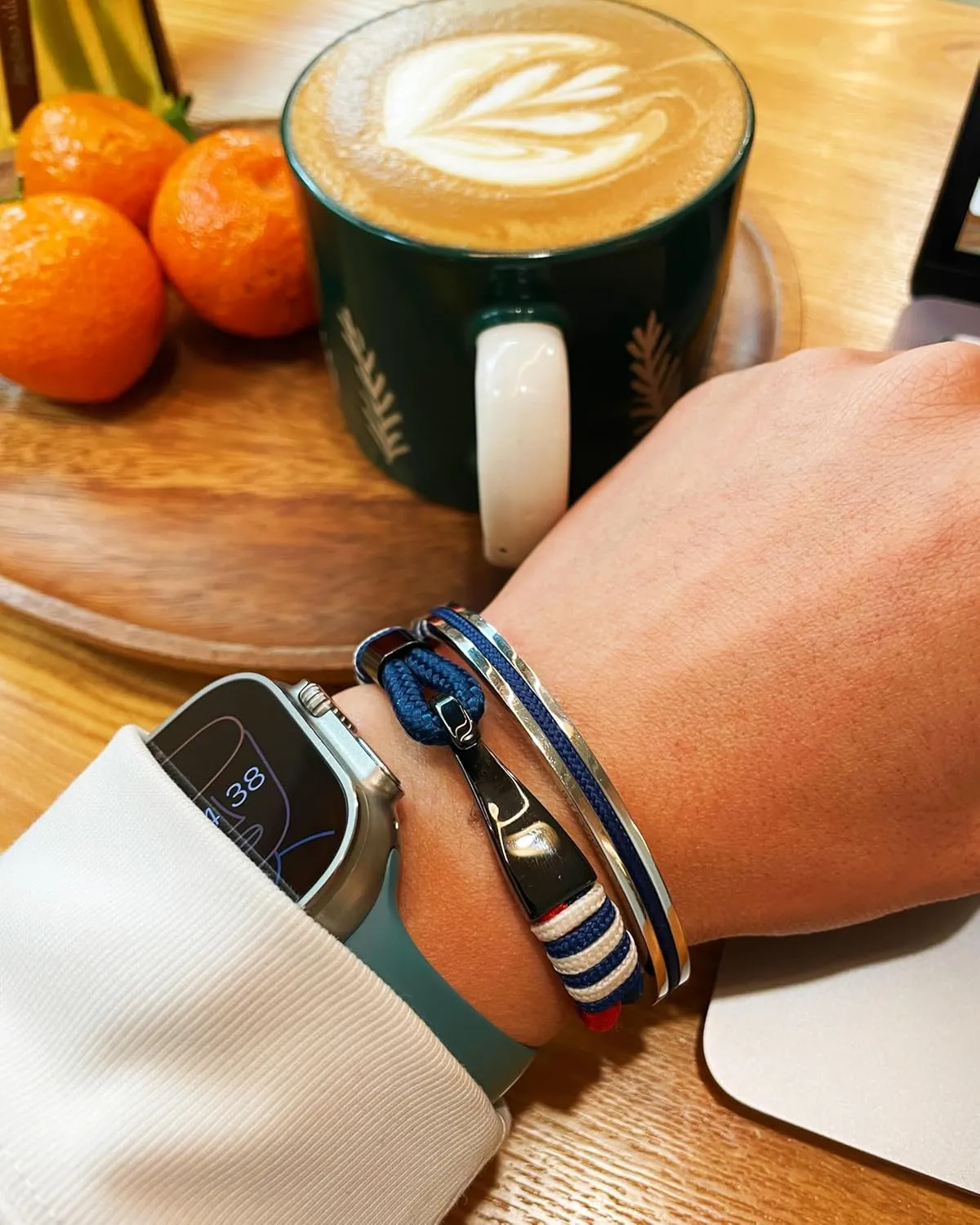 Men's Nautical Anchor Cuff Bracelet, Handmade Black & Blue Stainless Steel Rope Wristband with Lobster Claw Clasp