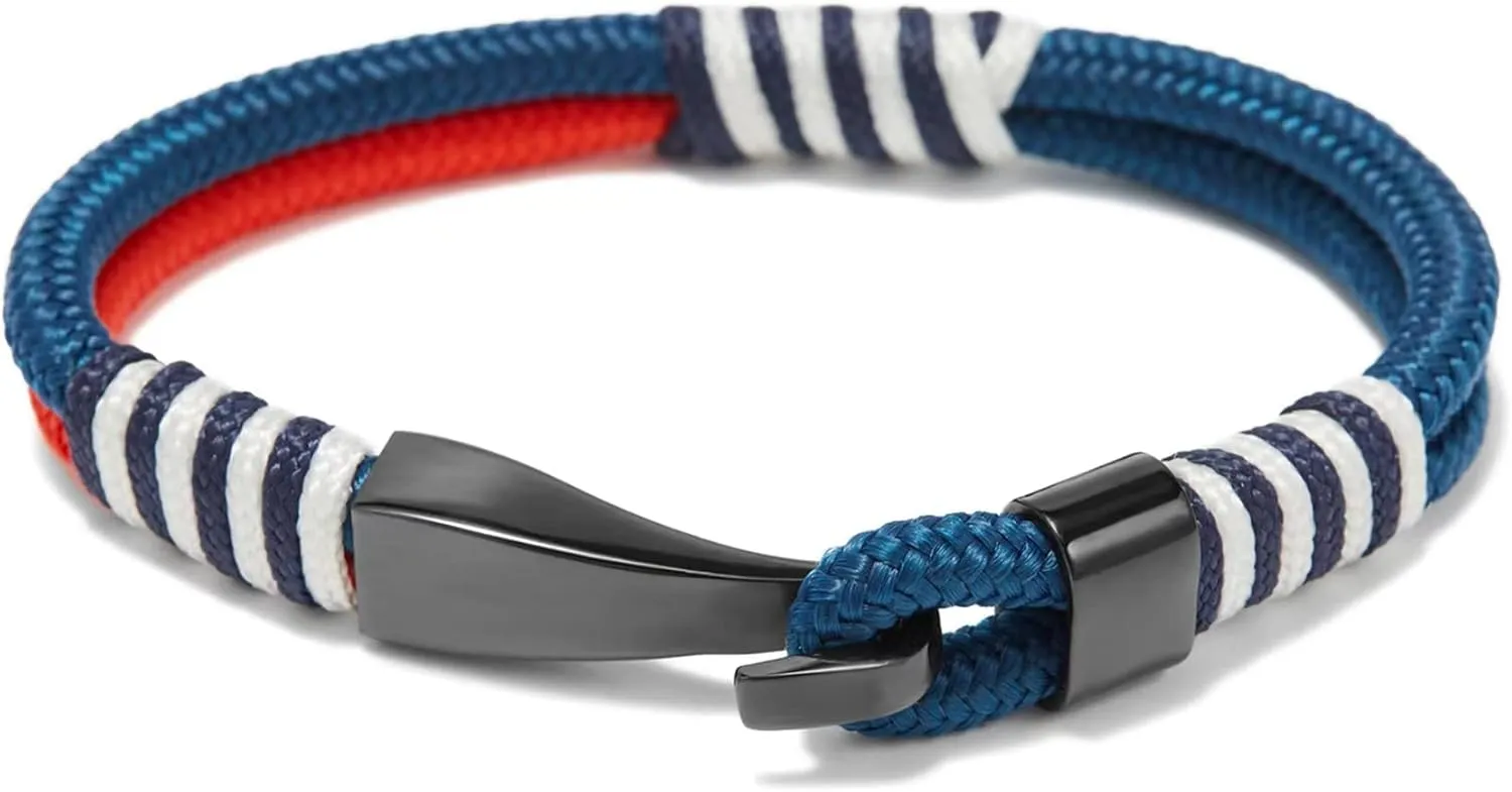 Men's Nautical Anchor Cuff Bracelet, Handmade Black & Blue Stainless Steel Rope Wristband with Lobster Claw Clasp
