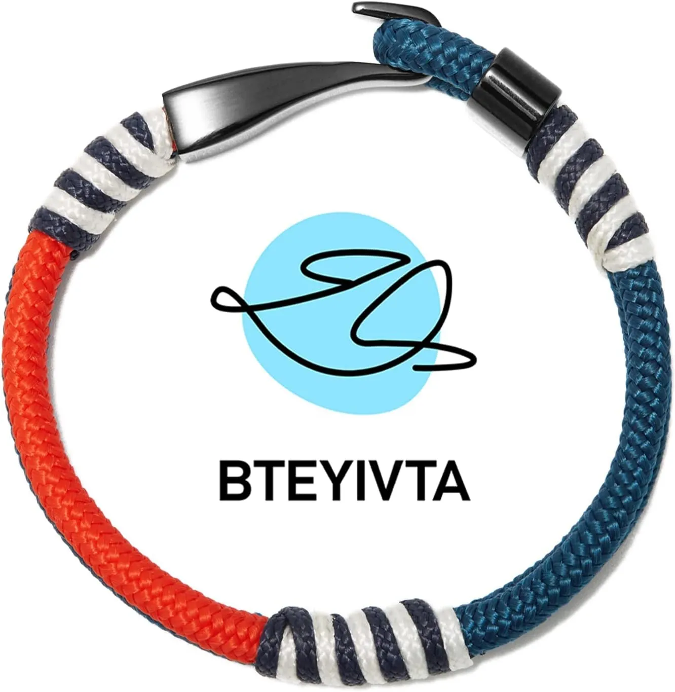 Men's Nautical Anchor Cuff Bracelet, Handmade Black & Blue Stainless Steel Rope Wristband with Lobster Claw Clasp