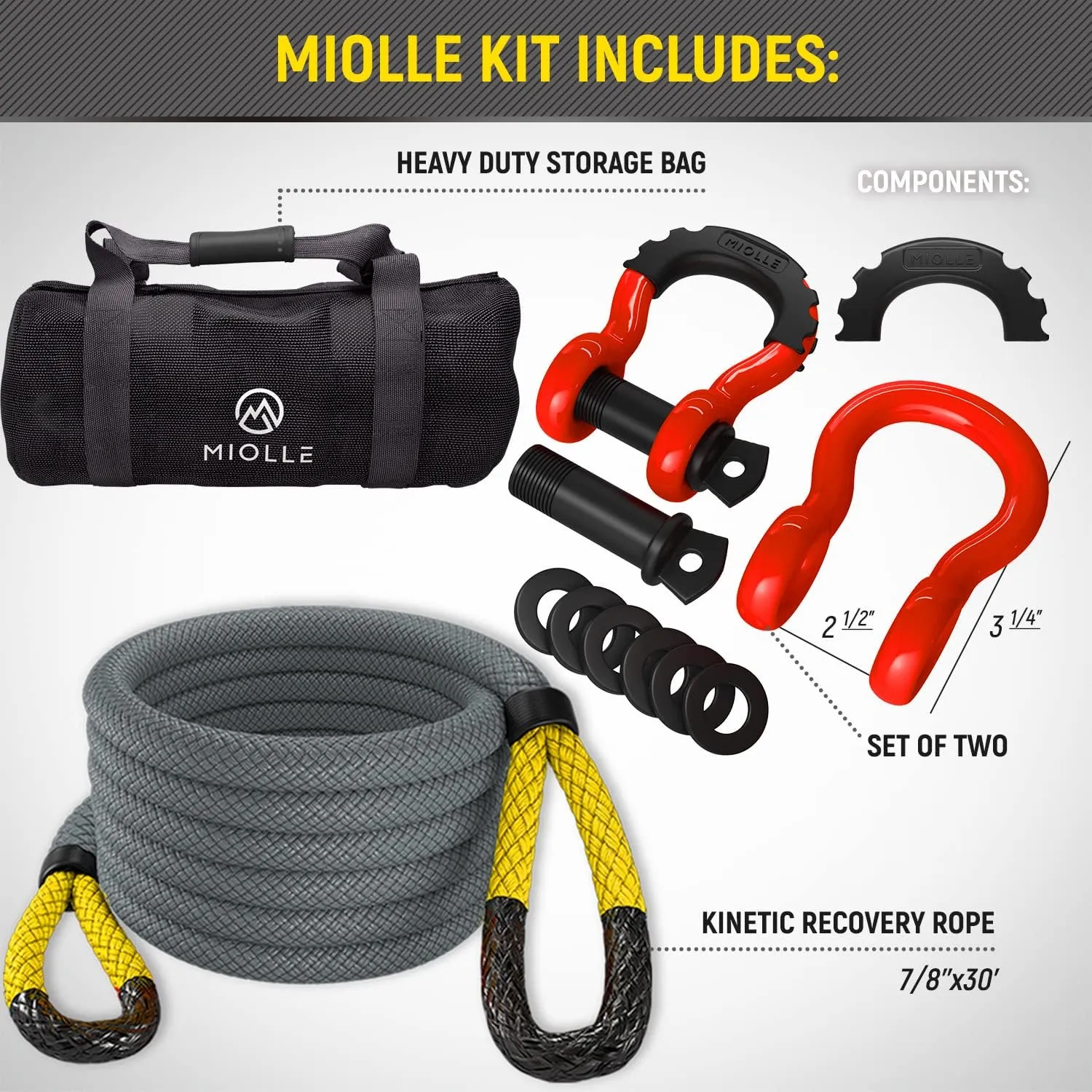 MiolleGear Kinetic Recovery Ropes (Grey/Yellow, 7/8x30 with D Shackles) for Any Recovery Situation