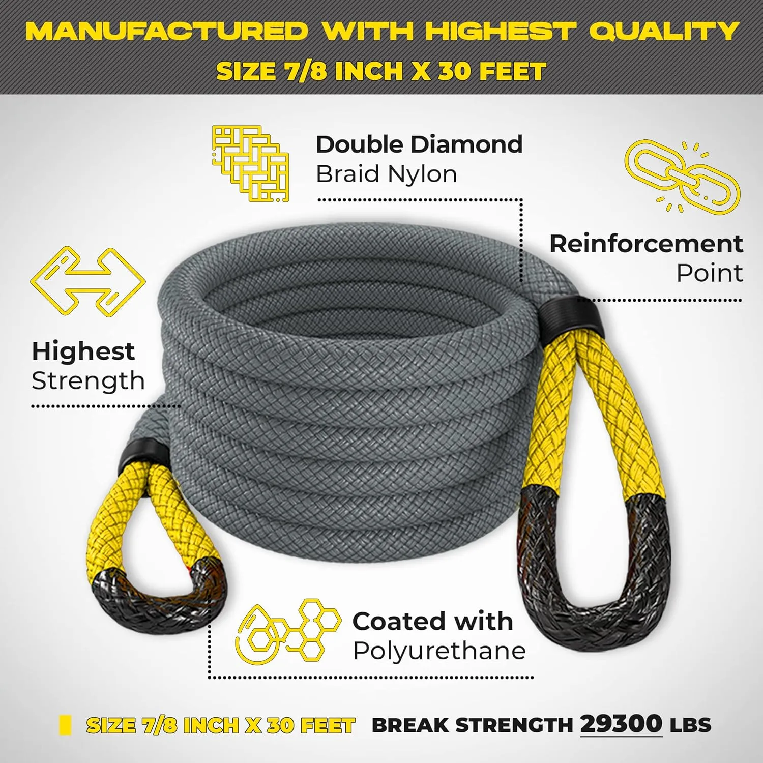 MiolleGear Kinetic Recovery Ropes (Grey/Yellow, 7/8x30 with D Shackles) for Any Recovery Situation
