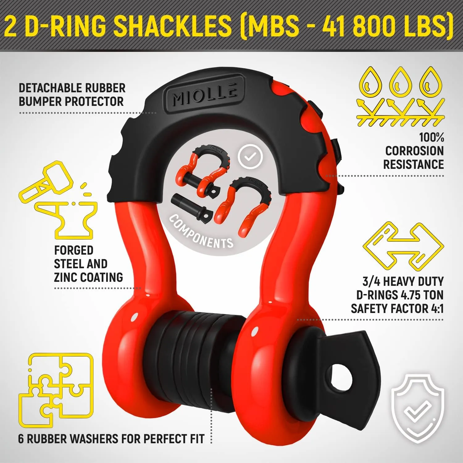 MiolleGear Kinetic Recovery Ropes (Grey/Yellow, 7/8x30 with D Shackles) for Any Recovery Situation